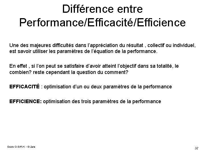 Différence entre Performance/Efficacité/Efficience Une des majeures difficultés dans l’appréciation du résultat , collectif ou
