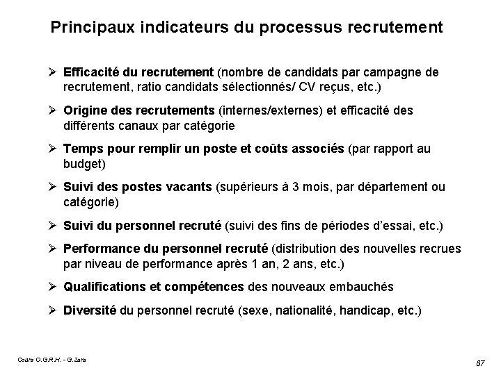 Principaux indicateurs du processus recrutement Efficacité du recrutement (nombre de candidats par campagne de