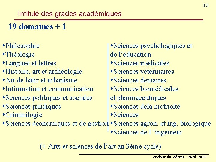 10 Intitulé des grades académiques 19 domaines + 1 s. Philosophie s. Sciences psychologiques