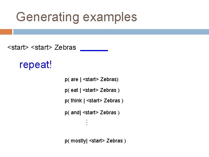 Generating examples <start> Zebras repeat! p( are | <start> Zebras) p( eat | <start>