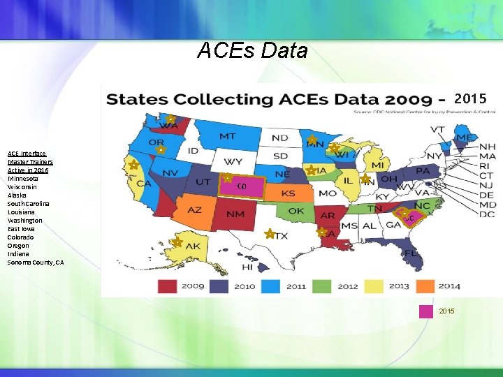 ACEs Data 2015 ACE Interface Master Trainers Active in 2016 Minnesota Wisconsin Alaska South