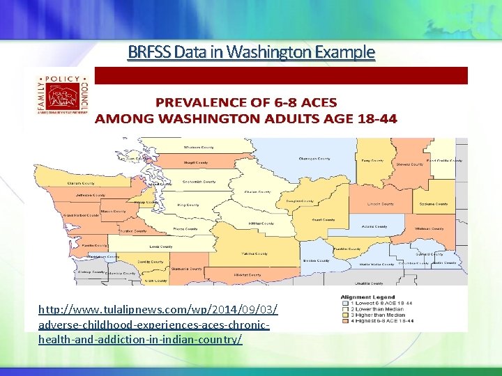 BRFSS Data in Washington Example http: //www. tulalipnews. com/wp/2014/09/03/ adverse-childhood-experiences-aces-chronichealth-and-addiction-in-indian-country/ 