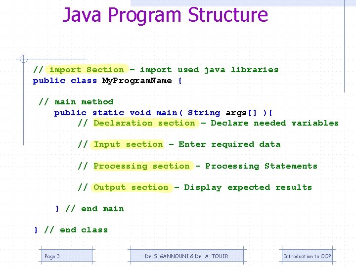 Java Program Structure // import Section – import used java libraries public class My.