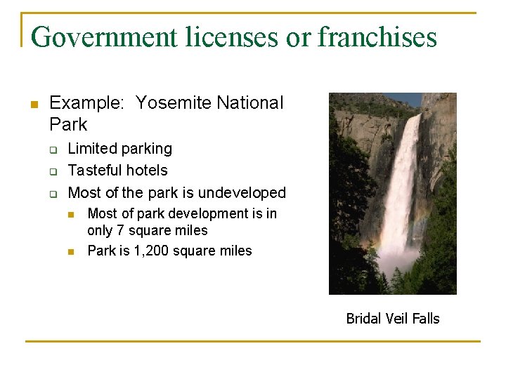 Government licenses or franchises n Example: Yosemite National Park q q q Limited parking