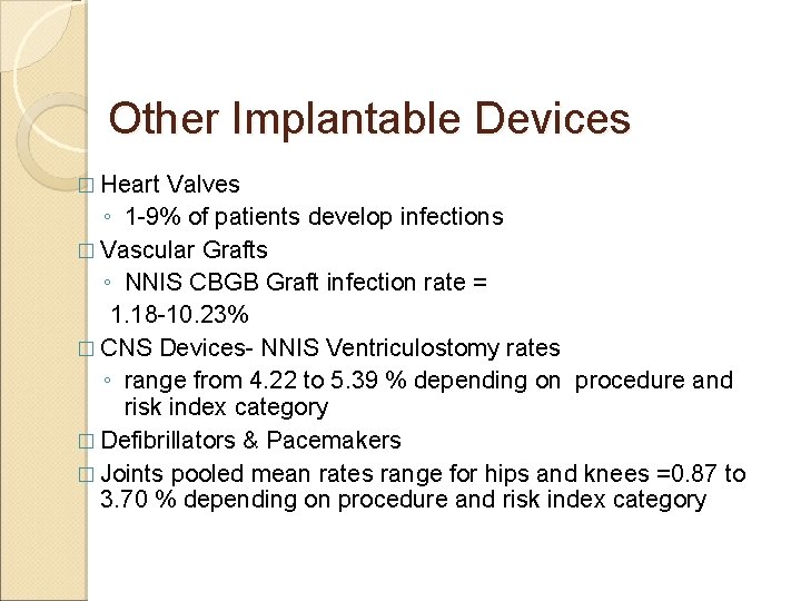 Other Implantable Devices � Heart Valves ◦ 1 -9% of patients develop infections �