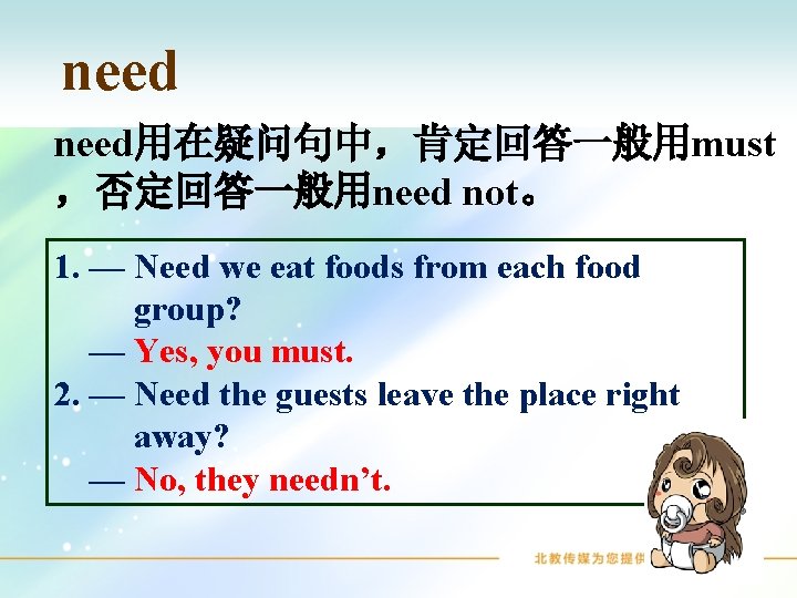 need用在疑问句中，肯定回答一般用must ，否定回答一般用need not。 1. — Need we eat foods from each food group? —