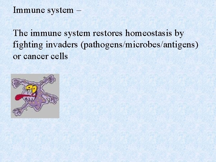 Immune system – The immune system restores homeostasis by fighting invaders (pathogens/microbes/antigens) or cancer