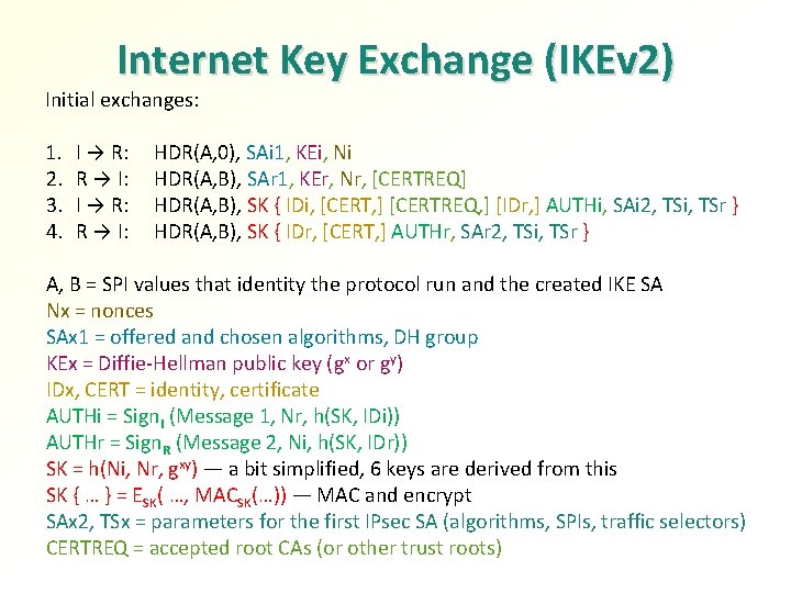 Internet Key Exchange (IKEv 2) Initial exchanges: 1. 2. 3. 4. I → R: