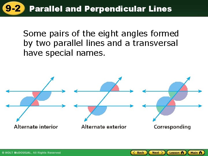 9 -2 Parallel and Perpendicular Lines Some pairs of the eight angles formed by