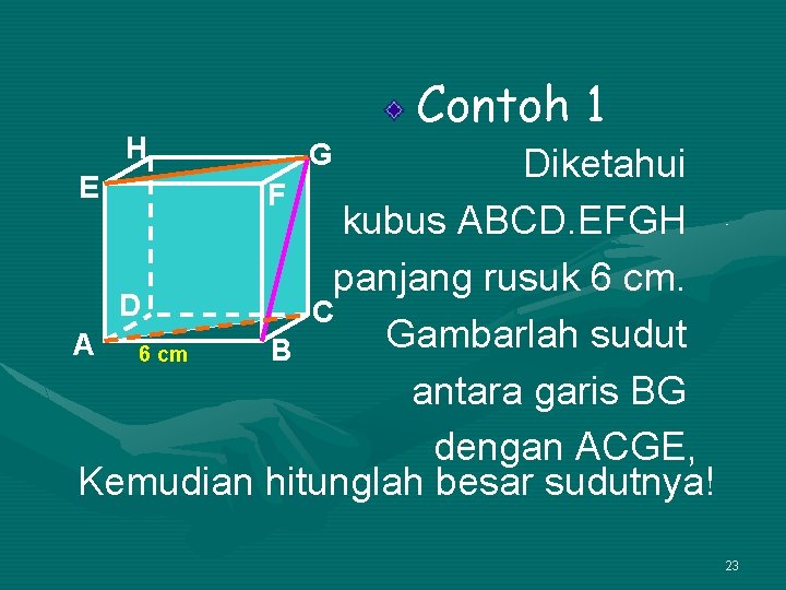 H Contoh 1 G Diketahui E F kubus ABCD. EFGH panjang rusuk 6 cm.