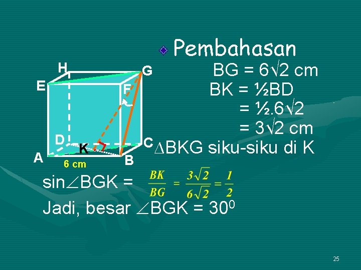 Pembahasan H E F D A BG = 6√ 2 cm BK = ½BD