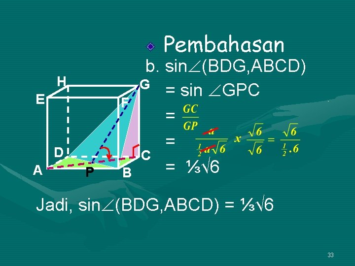 Pembahasan H E F D A P B b. sin (BDG, ABCD) G =
