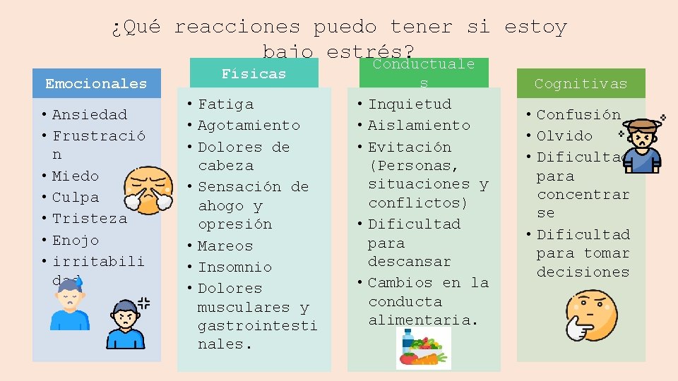 ¿Qué reacciones puedo tener si estoy bajo estrés? Emocionales • Ansiedad • Frustració n