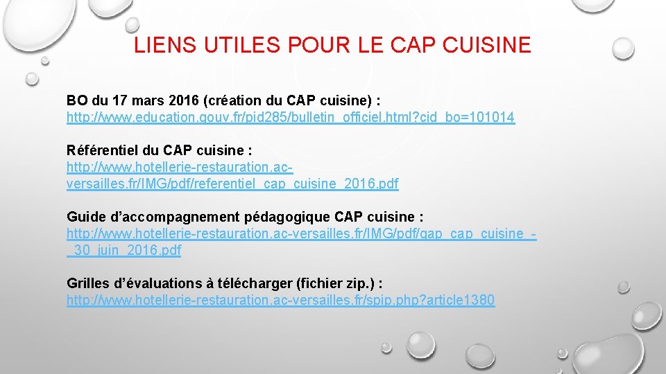 LIENS UTILES POUR LE CAP CUISINE BO du 17 mars 2016 (création du CAP