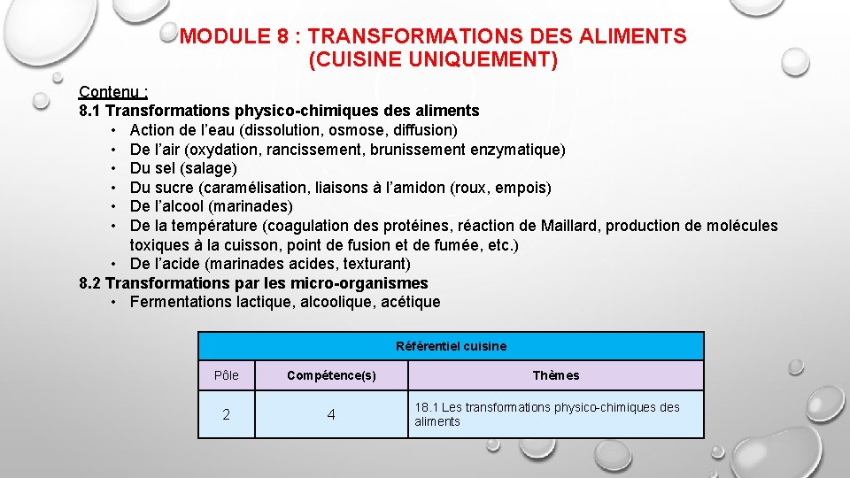 MODULE 8 : TRANSFORMATIONS DES ALIMENTS (CUISINE UNIQUEMENT) Contenu : 8. 1 Transformations physico-chimiques