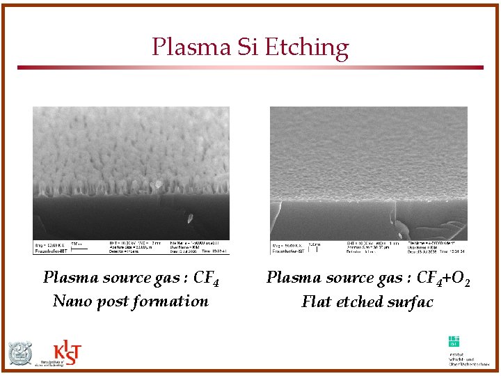 Plasma Si Etching Plasma source gas : CF 4 Nano post formation Plasma source Plasma Si Etching Plasma source gas : CF 4 Nano post formation Plasma source