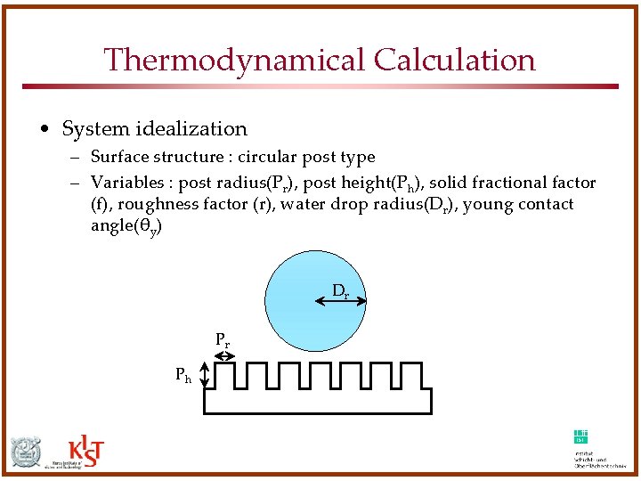 Thermodynamical Calculation • System idealization – Surface structure : circular post type – Variables Thermodynamical Calculation • System idealization – Surface structure : circular post type – Variables
