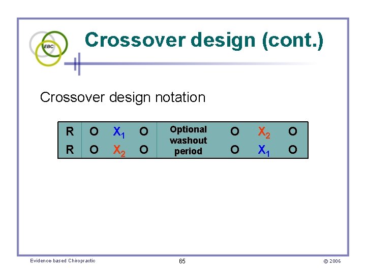 Crossover design (cont. ) Crossover design notation R R O O Evidence-based Chiropractic X