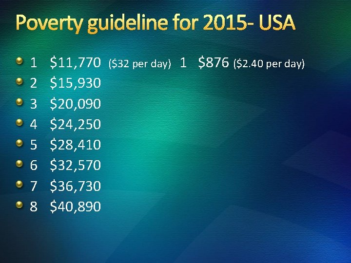 Poverty guideline for 2015 - USA 1 2 3 4 5 6 7 8