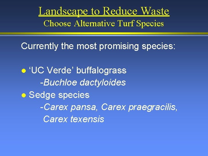 Landscape to Reduce Waste Choose Alternative Turf Species Currently the most promising species: ‘UC