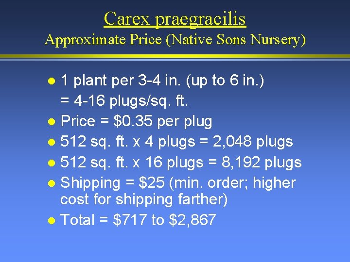 Carex praegracilis Approximate Price (Native Sons Nursery) 1 plant per 3 -4 in. (up
