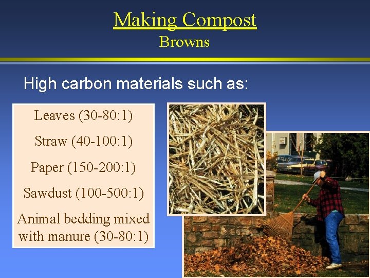 Making Compost Browns High carbon materials such as: Leaves (30 -80: 1) Straw (40