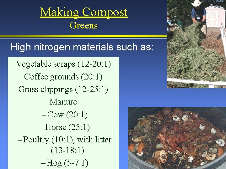 Making Compost Greens High nitrogen materials such as: Vegetable scraps (12 -20: 1) Coffee