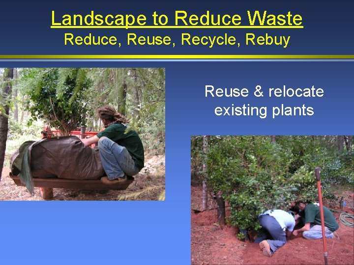 Landscape to Reduce Waste Reduce, Reuse, Recycle, Rebuy Reuse & relocate existing plants 