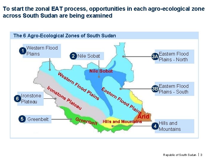 To start the zonal EAT process, opportunities in each agro-ecological zone across South Sudan