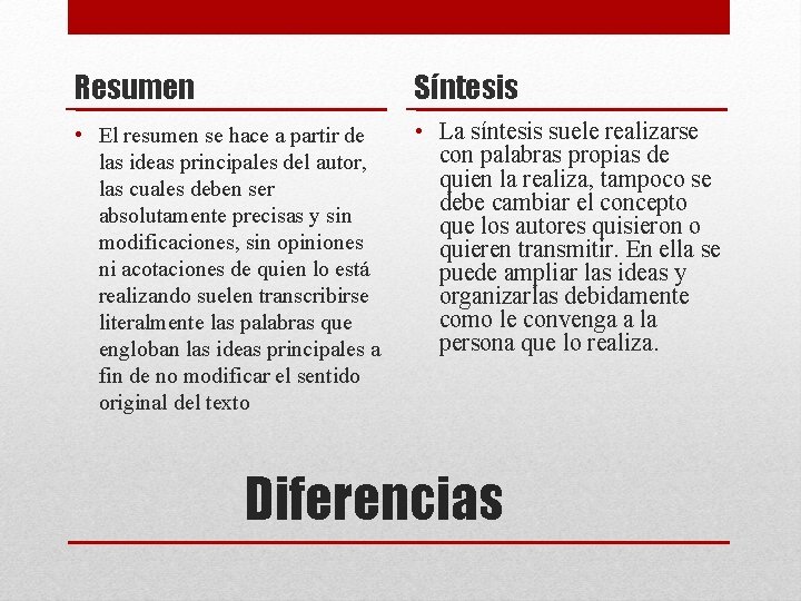 Resumen Síntesis • El resumen se hace a partir de las ideas principales del