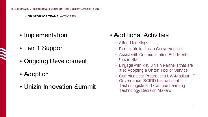 UNIZIN UPDATE for TEACHING AND LEARNING TECHNOLOGY ADVISORY GROUP UNIZIN SPONSOR TEAMS: ACTIVITIES •