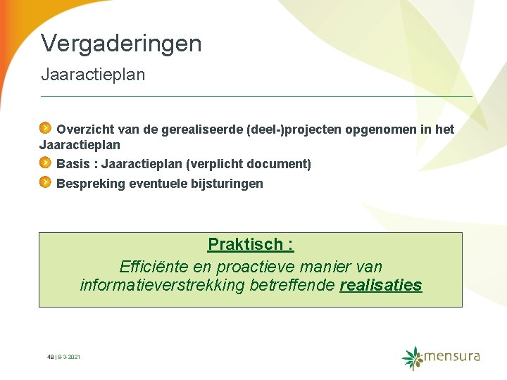 Vergaderingen Jaaractieplan Overzicht van de gerealiseerde (deel-)projecten opgenomen in het Jaaractieplan Basis : Jaaractieplan