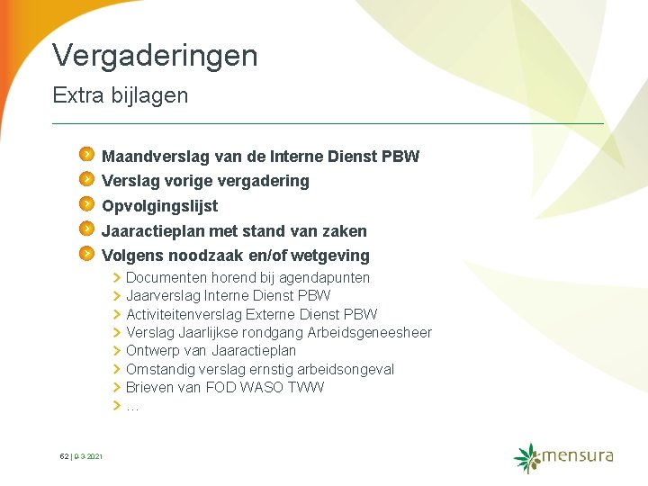 Vergaderingen Extra bijlagen Maandverslag van de Interne Dienst PBW Verslag vorige vergadering Opvolgingslijst Jaaractieplan