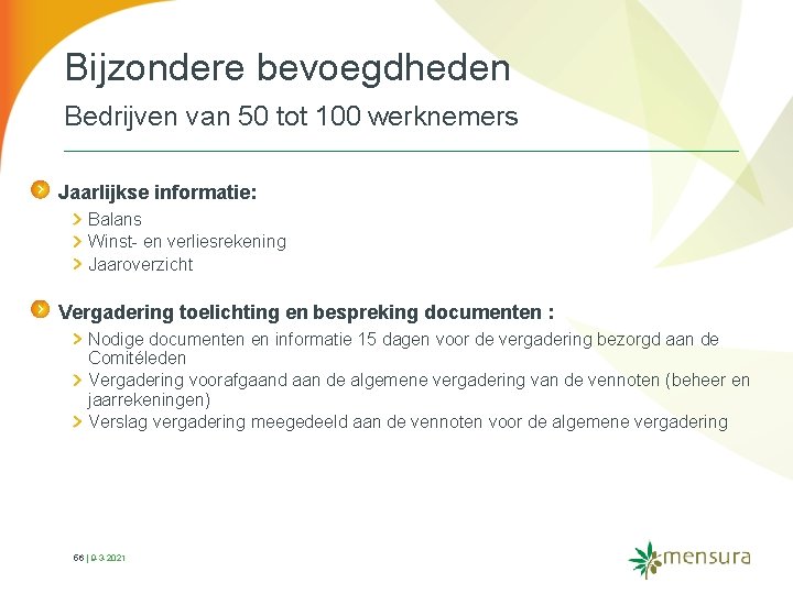 Bijzondere bevoegdheden Bedrijven van 50 tot 100 werknemers Jaarlijkse informatie: Balans Winst en verliesrekening