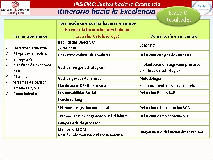 INSIEME: Juntos hacia la Excelencia Itinerario hacia la Excelencia Temas abordados Desarrollo liderazgo Riesgos