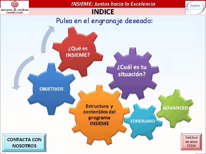 INSIEME: Juntos hacia la Excelencia INDICE Pulsa en el engranaje deseado: CONTACTA CON NOSOTROS