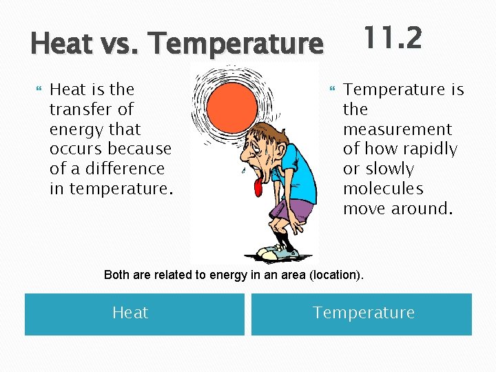 11. 2 Heat vs. Temperature Heat is the transfer of energy that occurs because 11. 2 Heat vs. Temperature Heat is the transfer of energy that occurs because