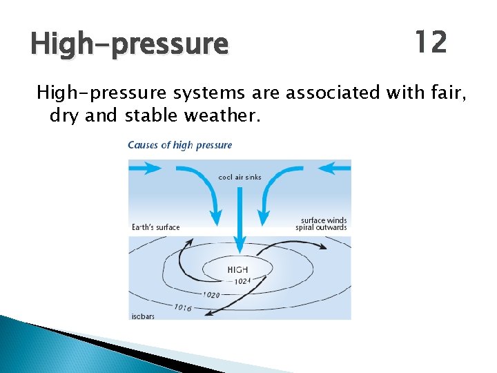 High-pressure 12 High-pressure systems are associated with fair, dry and stable weather. High-pressure 12 High-pressure systems are associated with fair, dry and stable weather.