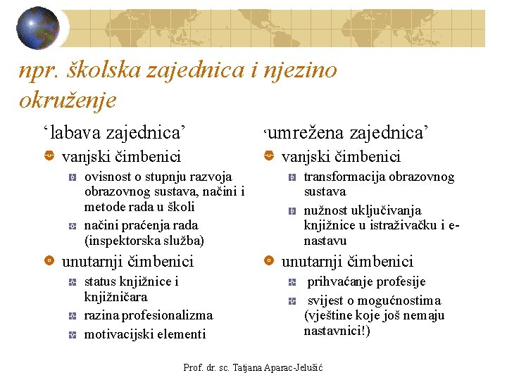 npr. školska zajednica i njezino okruženje ‘labava zajednica’ vanjski čimbenici ‘umrežena zajednica’ vanjski čimbenici