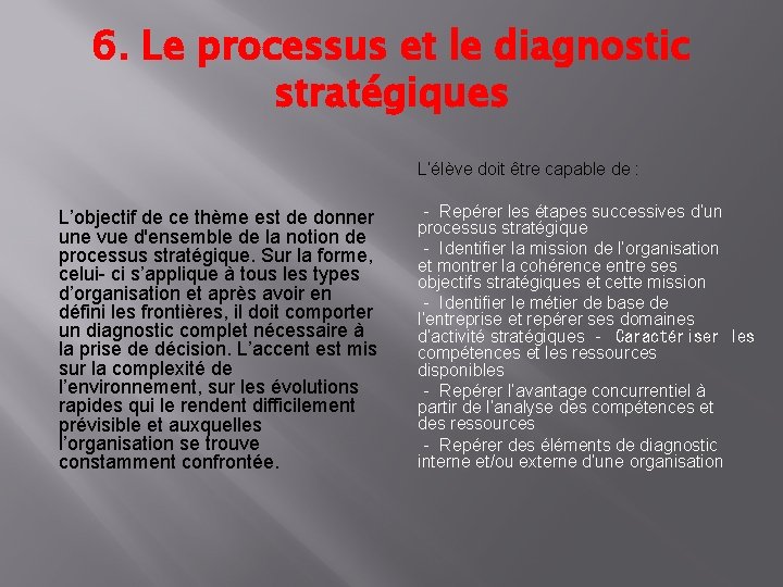 6. Le processus et le diagnostic stratégiques L’élève doit être capable de : L’objectif
