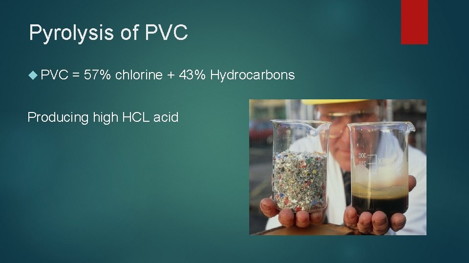 Pyrolysis of PVC = 57% chlorine + 43% Hydrocarbons Producing high HCL acid 