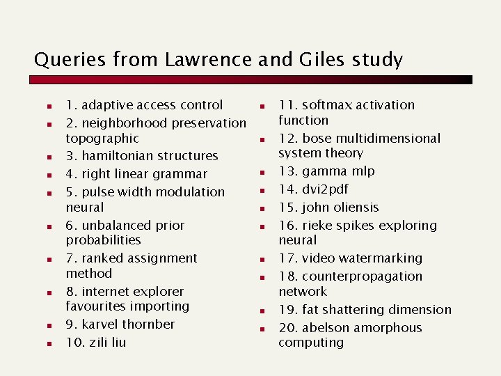 Queries from Lawrence and Giles study n n n n n 1. adaptive access Queries from Lawrence and Giles study n n n n n 1. adaptive access