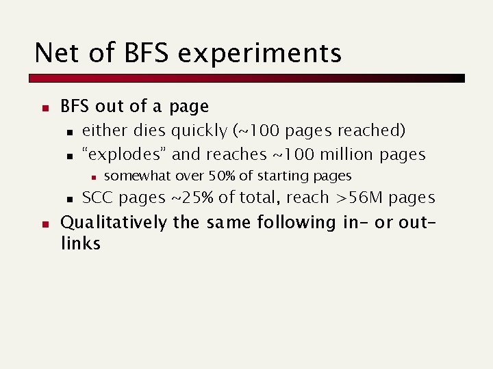 Net of BFS experiments n BFS out of a page n n either dies Net of BFS experiments n BFS out of a page n n either dies