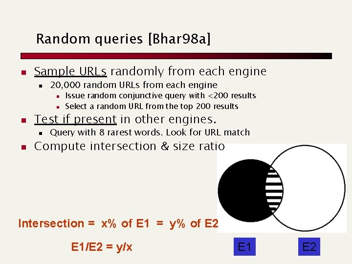 Random queries [Bhar 98 a] n Sample URLs randomly from each engine n 20,