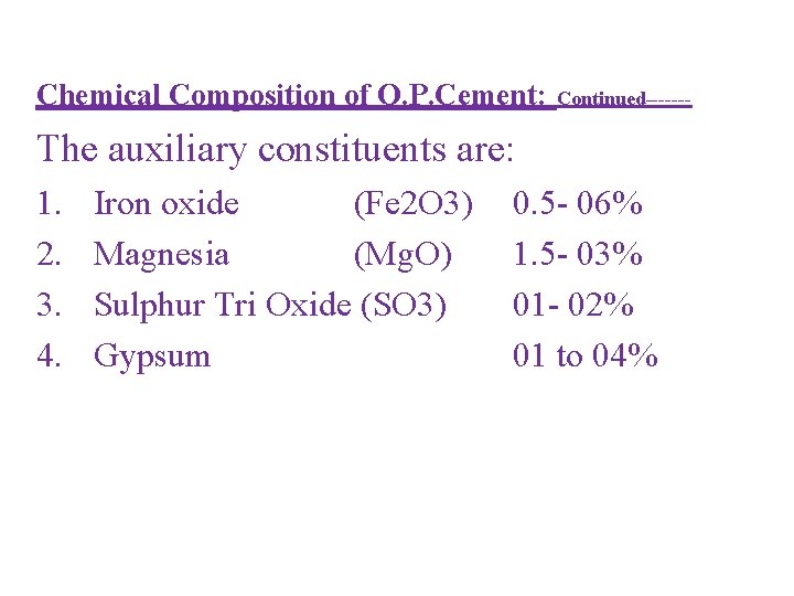 Chemical Composition of O. P. Cement: Continued------- The auxiliary constituents are: 1. 2. 3.