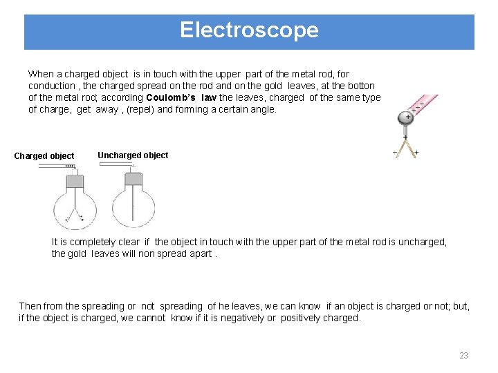 Electroscope When a charged object is in touch with the upper part of the