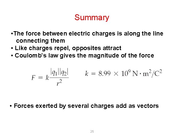Summary • The force between electric charges is along the line connecting them •