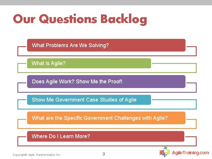 Our Questions Backlog What Problems Are We Solving? What is Agile? Does Agile Work?