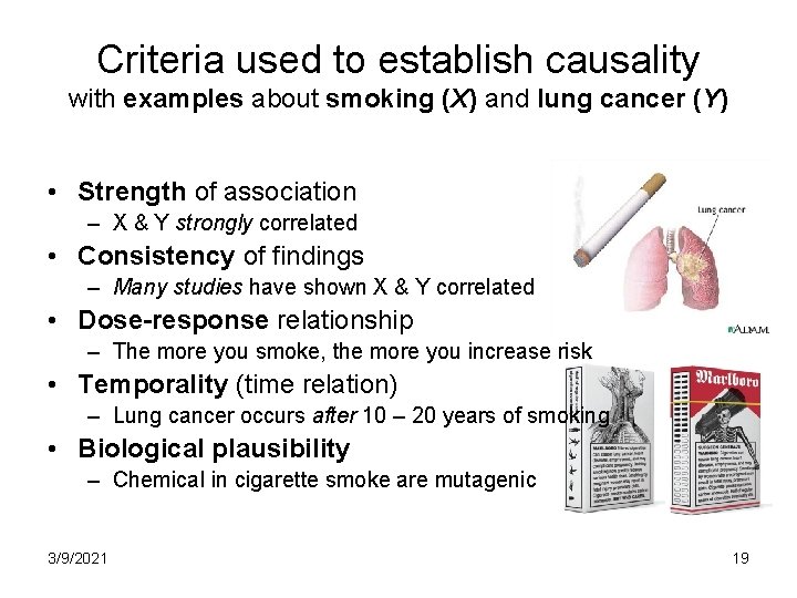 Criteria used to establish causality with examples about smoking (X) and lung cancer (Y)