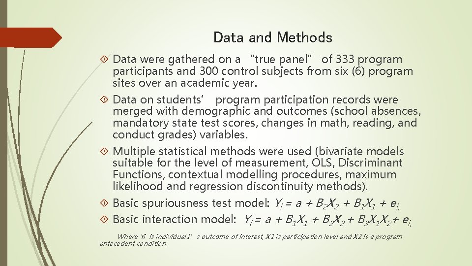 Data and Methods Data were gathered on a “true panel” of 333 program participants